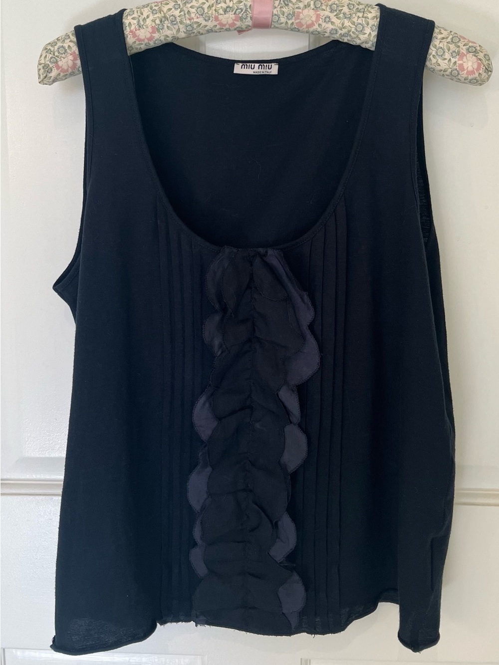 Miu Miu blacksleeveless cotton jersey tank w/ pintucks & silk scallop ruffle. M